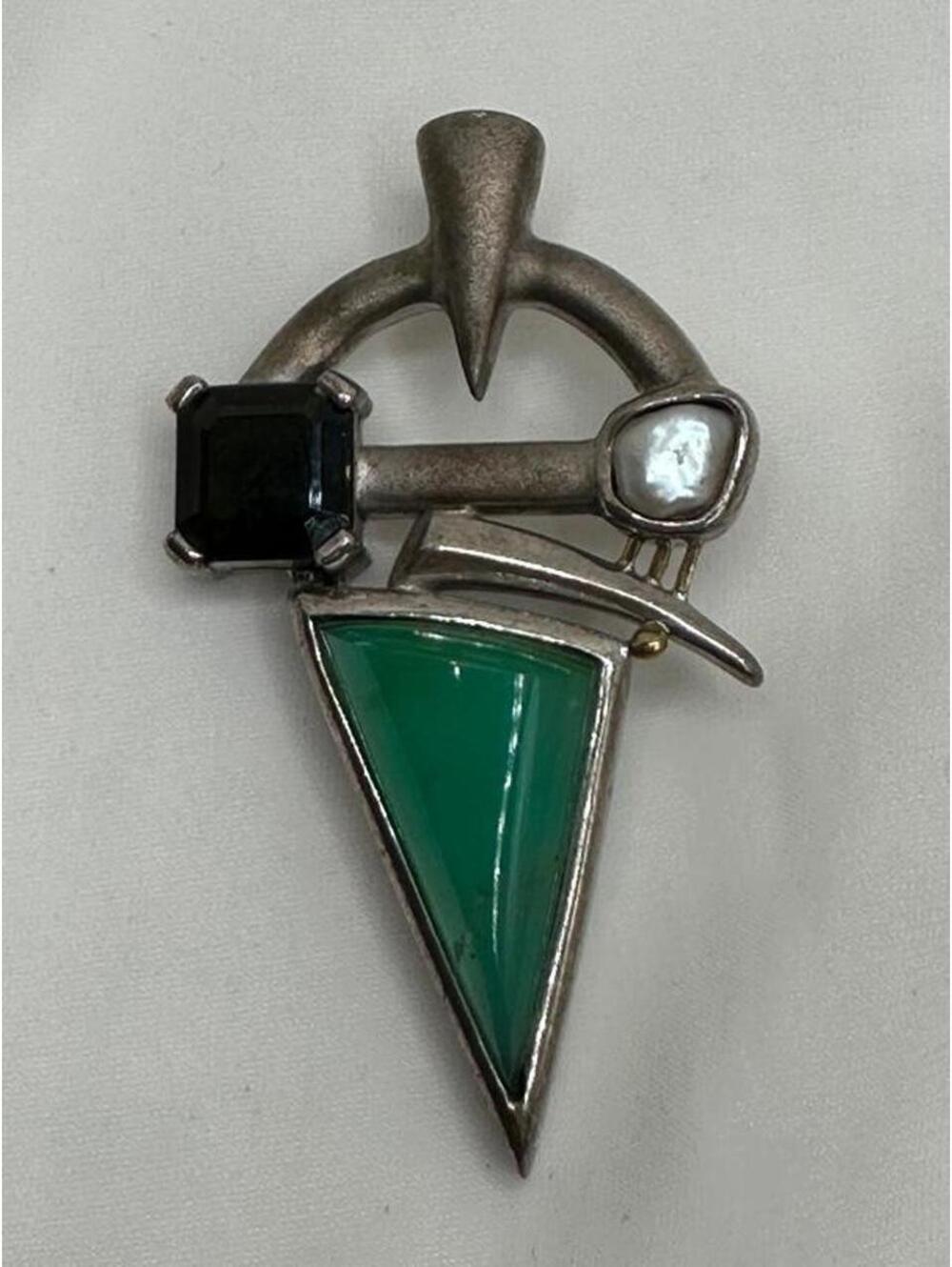 Vintage geometric modernist sterling silver & 18k gold pendant precious stones.
